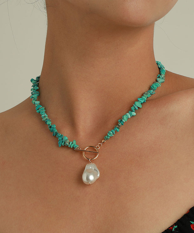 Imitation Turquoise & Imitation Pearl Goldtone Toggle Necklace
