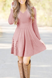 Solid Cable Wool V-Neck Casual Elegant Midi Sweater Dress