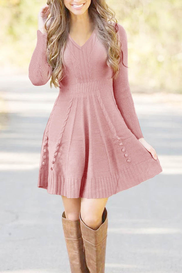 Solid Cable Wool V-Neck Casual Elegant Midi Sweater Dress