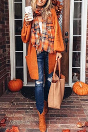 Pumpkin Color Lantern Sleeve Long Knitted Cardigan