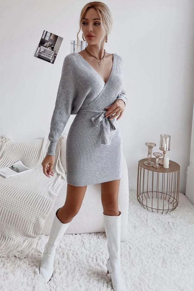 Wrap Batwing Sleeve Belted Cut Out Backless Sweater Dress