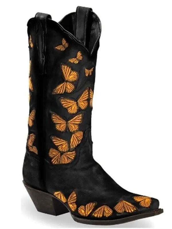 Butterfly Embroidery West Cowboy Street Suede Boots