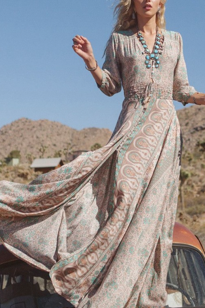Green Boho Maxi Dress w/Wood Bead Ties