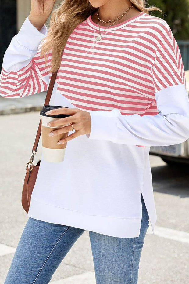 Solid Color Striped Colorblock Round Neck Long Sleeve Sweatshirt