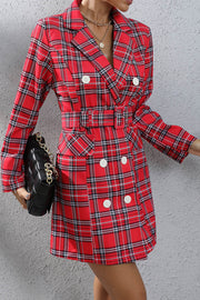 Houndstooth Lapel Belt Elegant Blazer Dress