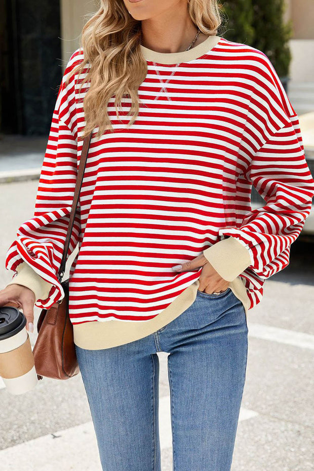 Striped Round Neck Colorblock Loose Long Sleeve Sweatshirt