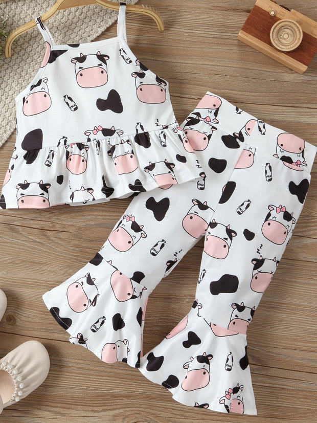 Baby girl halter top + bell bottom pants set, cute two-piece set with cow print