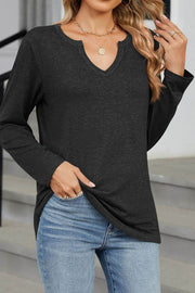 V-neck Solid Color Loose Long-sleeved T-shirt Top