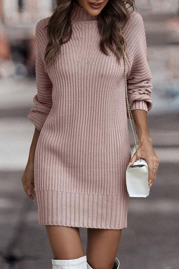 Solid color medium high collar casual mid-length sweater Dress