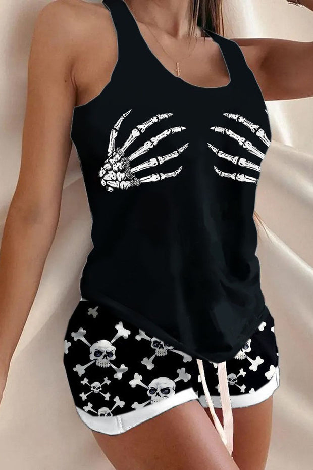 Halloween Skeleton Hand Tank And Skull Shorts Pajamas Set
