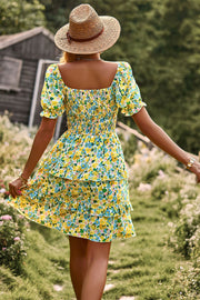 Smocked Off Shoulder Bubble Sleeve Floral Print Dress