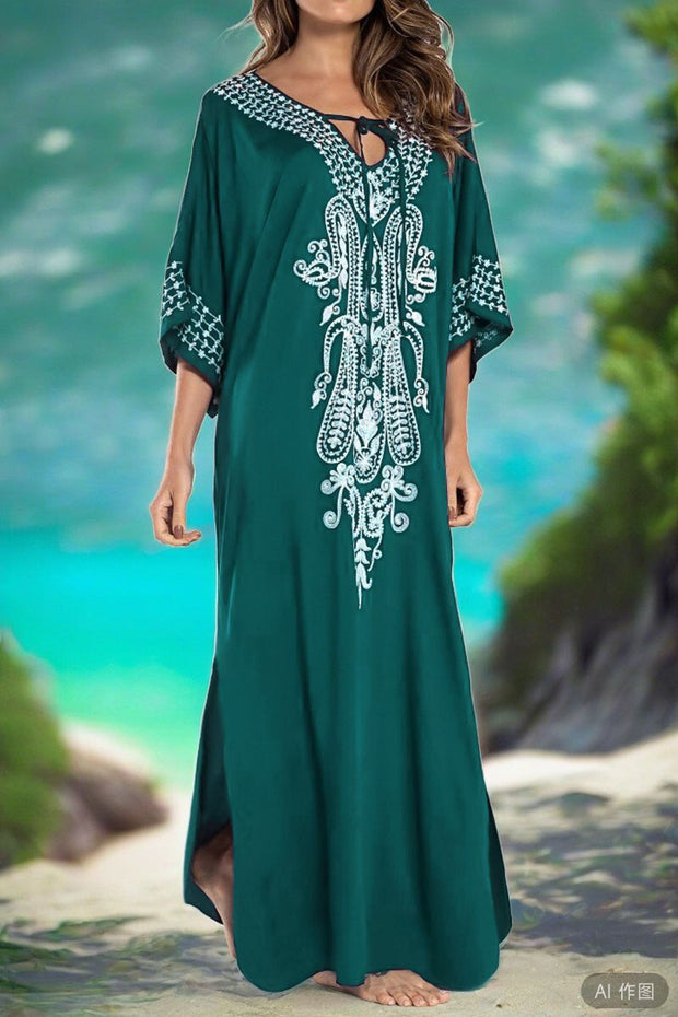 Beach Vacation Embroidered Round Neck Slit Cover Up Dress