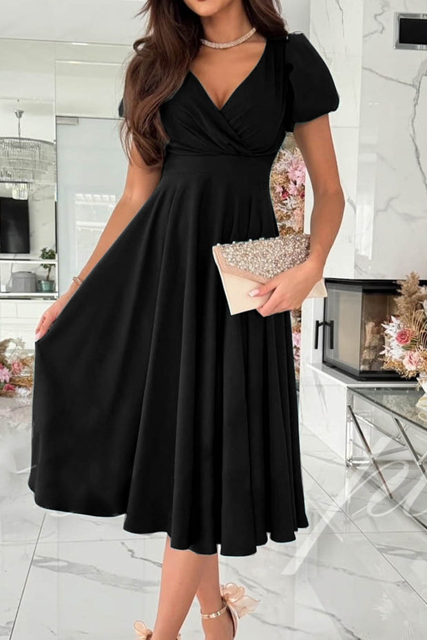 V Neck Solid Color Puff Sleeve Midi Dress