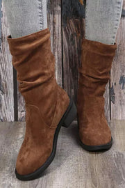 Ruched Suede Plain Square Heel Boots