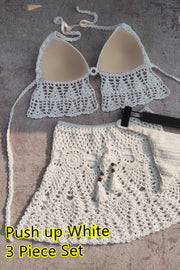 Handmade crocheted halterneck triangle bikini beach skirt sexy three-piece set