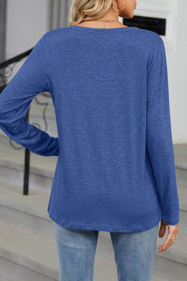 V-neck Solid Color Loose Long-sleeved T-shirt Top