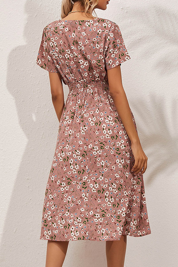 Retro Floral V Neck Short Sleeve Midi Dress