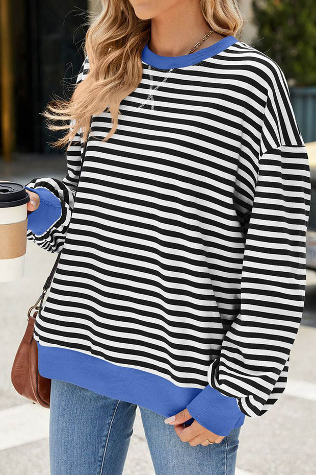 Striped Round Neck Colorblock Loose Long Sleeve Sweatshirt