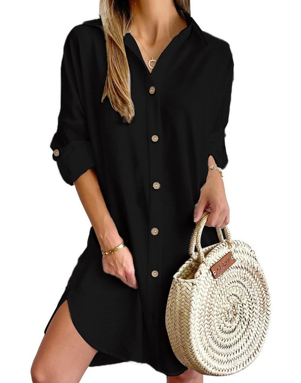 Long Sleeve Solid Color Lapel Single Breasted Shirt Dress