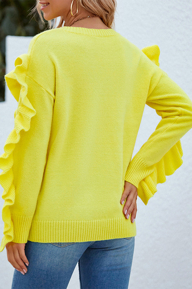 Petal Sleeve Solid Round Neck Pullover Sweater