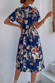 Floral V Neck Short Sleeve Midi Dress