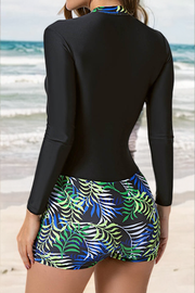 Multi-colored Leaves Printed Patchwork Round Collar Long sleeves One Piece Swimsuit Wetsuit Short Swimming Trunks