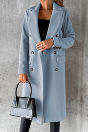 Solid Color Long Sleeve Double Breasted Coat with Pockets