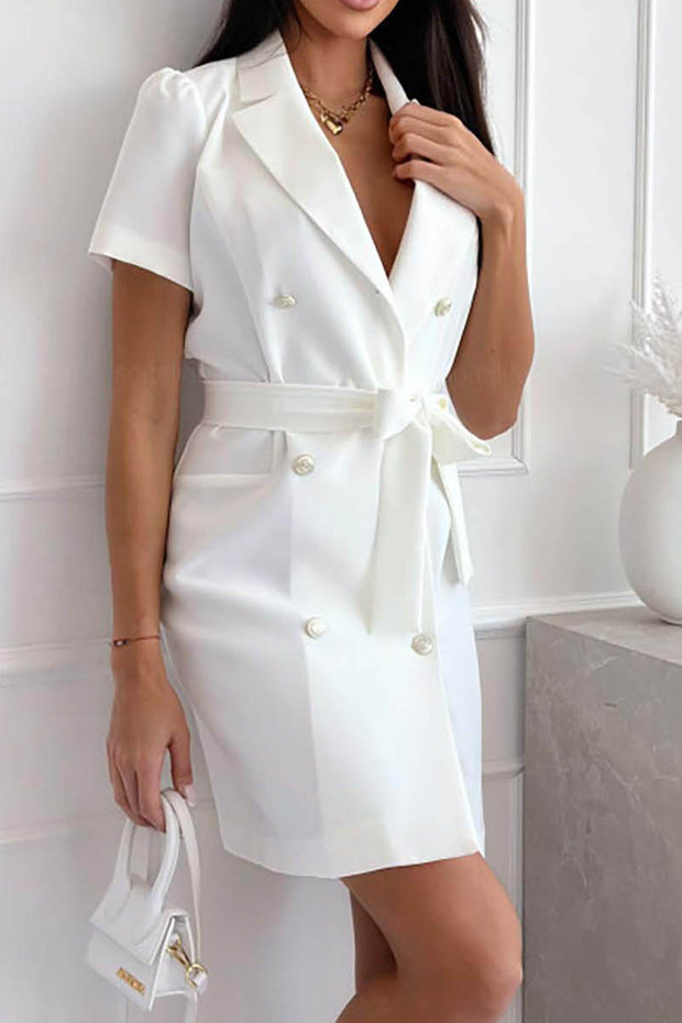 Solid Color Lapel Belt Short Sleeve Suit Dress