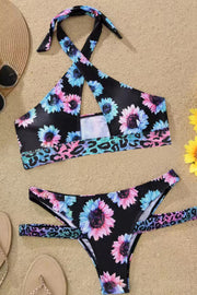 Leopard Sunflower Hollow Out Halter Two Piece Swimsuit