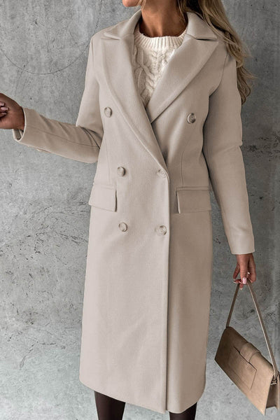 Solid Color Long Sleeve Double Breasted Coat with Pockets