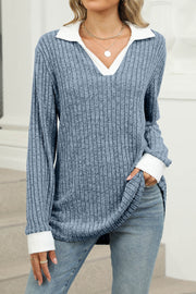 Colorblock Lapel V-neck Long Sleeve Loose Brushed Pullover