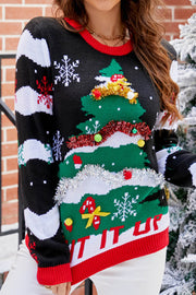 Christmas Tree Embroidery Round Neck Knitted Christmas Sweater