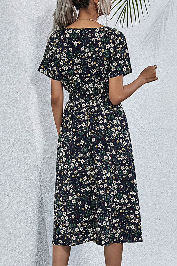 Retro Floral V Neck Short Sleeve Midi Dress