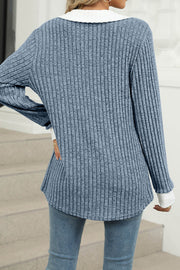 Colorblock Lapel V-neck Long Sleeve Loose Brushed Pullover