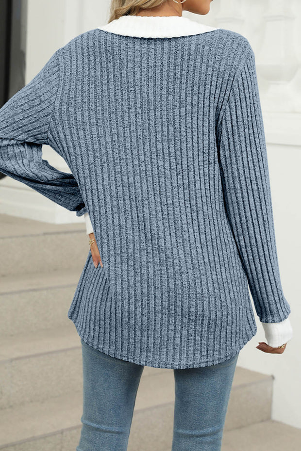 Colorblock Lapel V-neck Long Sleeve Loose Brushed Pullover