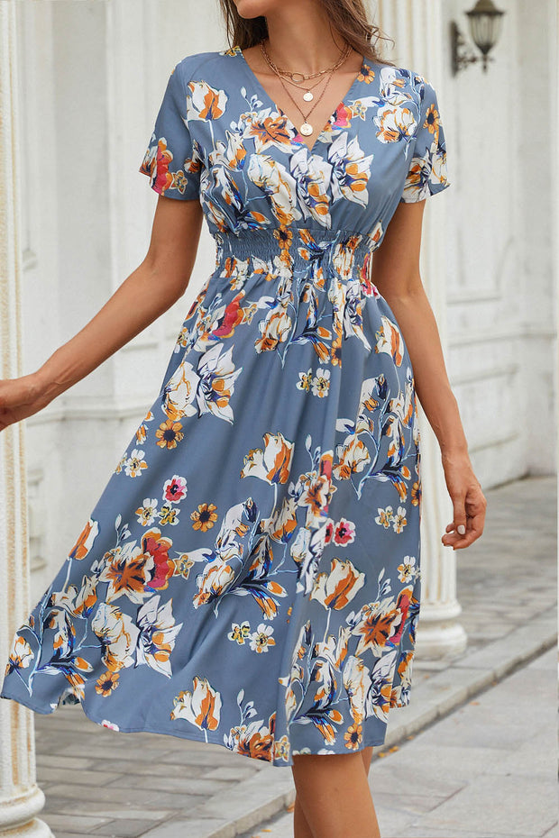 Floral V Neck Short Sleeve Midi Dress