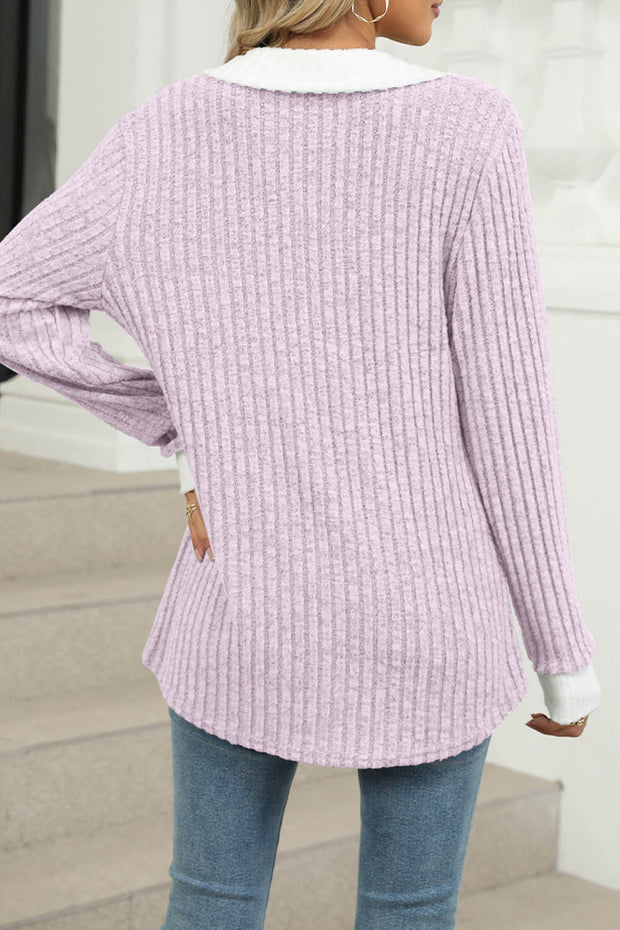 Colorblock Lapel V-neck Long Sleeve Loose Brushed Pullover