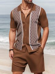 Men's business casual color block short-sleeved cardigan Hawaiian collar shorts sweater shirt two-piece set