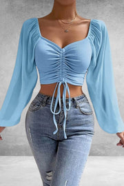 V-neck Chiffon Drawstring Lantern Sleeve Tight Sexy Shirt In Light Colors