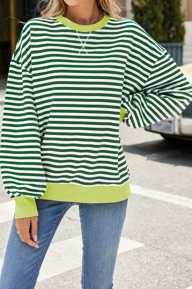 Striped Round Neck Colorblock Loose Long Sleeve Sweatshirt