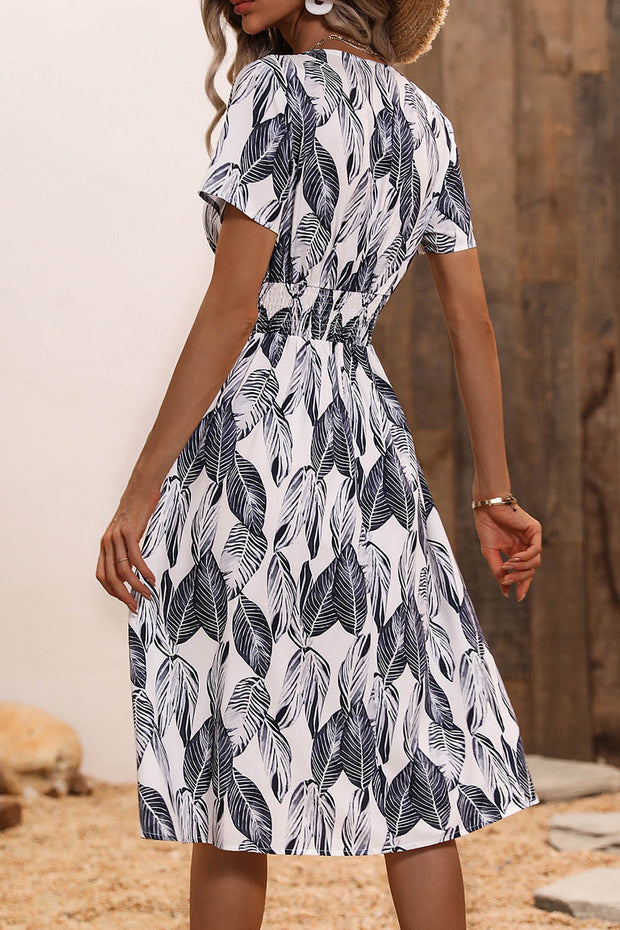 Leaf Print V Neck Short Sleeve Midi Dress