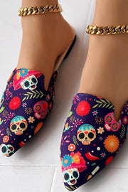 Chic Halloween Skull Print Slippers With Pointed Toe Design