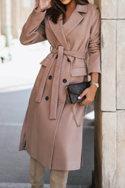 Simple Long Sleeve Suit Collar Lace Up Woolen Coat