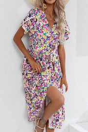 Floral Slit V Neck Short Sleeve Midi Dress