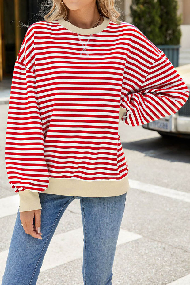 Striped Round Neck Colorblock Loose Long Sleeve Sweatshirt