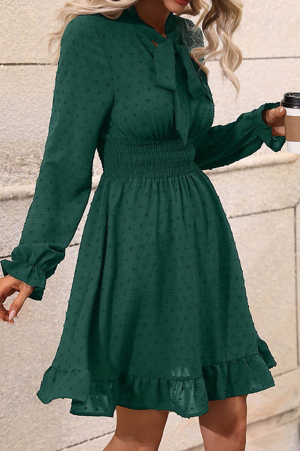 Solid Color Bow Tie Long Sleeve MIni Dress