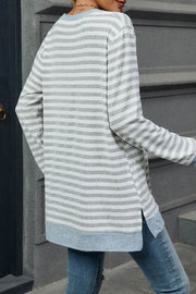 Striped Colorblock Round Neck Loose Long Sleeve T-shirt