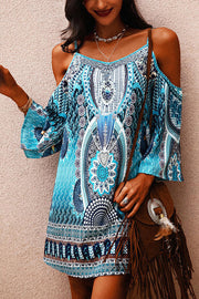 Bohemian Print Bell Sleeve Cutout Off-Shoulder Slip Dress