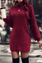 Solid color high collar casual mid-length sweater dress