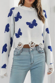 Ripped Butterfly Jacquard Cropped Sweater